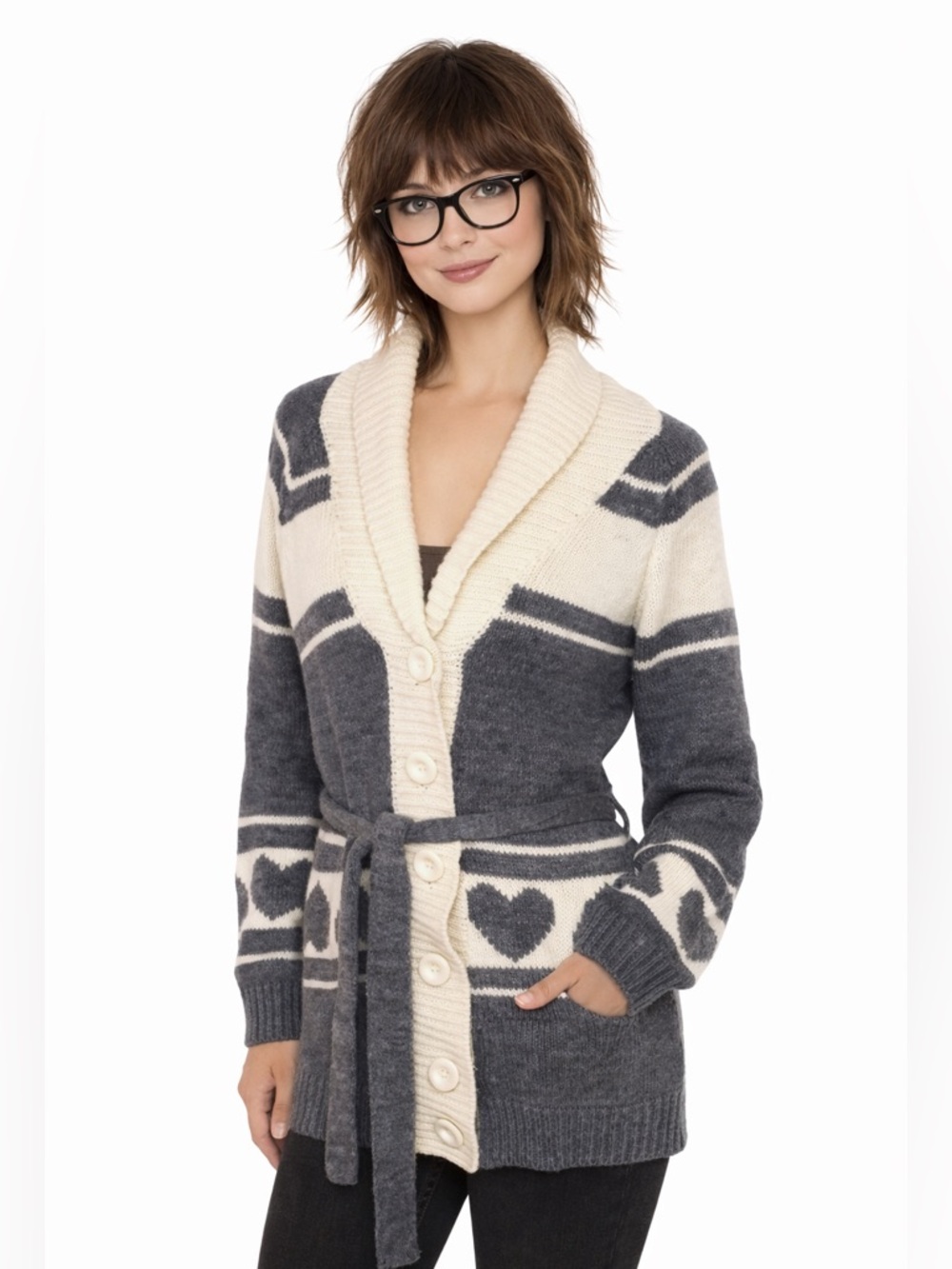 Forever 21 Heart Cardigan Sweater Belted Shawl Collar Gray Cream Cozy Preppy